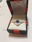 10k gold solid 3stones blue sapphire diamonds oval cocktail ring