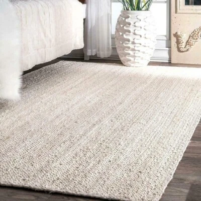 White Rug Farmhouse Jute Rectangle Hand Braided Area Rug Rustic Look Modern Rug - Image 1 of 4
