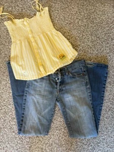ECKO ROT gesmoktes Top & 7 For All Mankind Bootcut Jeans Damen S/27 Y2K Set - Bild 1 von 10