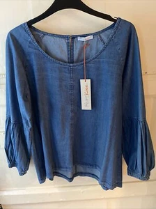 Heart Kiss Blue Denim Top, Round Neck, Gathered Sleeves, Small - Picture 1 of 5