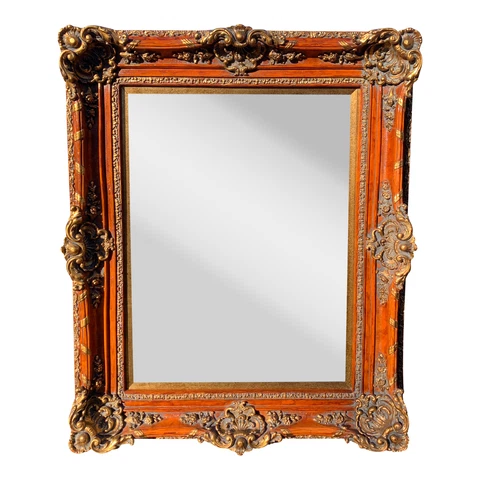 1990 Vintage Antique Gold Gilt Contemporary Style Large Wood Wall Hanging Mirror Cover
