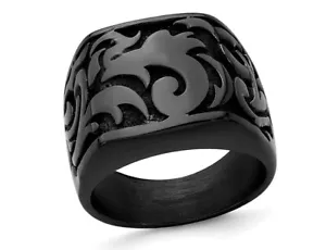 Mens Black Titanium Pattern Signet Ring - Picture 1 of 4