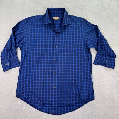 Paul Stuart BESPOKE Dress Shirt Mens 15.5 Navy Blue Plaid Altered Small Person - Image 1 of 4