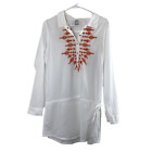 Prana Womens Leta Tunic Top Large White Embroidered Orange Roll Tab Cover Up