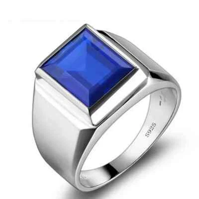 Lab Sapphire Style Ring 8 Carat Look for Men Engagement Band Silver Tone - Image 1 of 4