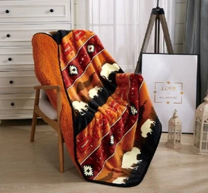 New Rust Rustic Bison Buffalo Sherpa Plush Throw Gift Blanket Native Art Orange - Picture 1 of 5