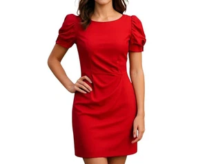 Karl Lagerfeld Puff Sleeve Dress Red Ruched Sheath Work Cocktail - Picture 1 of 7