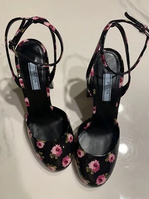Новый подлинный Prada цветочный лодыжки ремень женщин каблук насос черный 37 7 $790 - Изображение 1 из 4