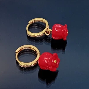 18K Gold Filled Stunning Italian Simulated Coral 18ct GF Drop Earrings 25mm - Picture 1 of 10