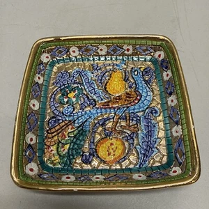Peacock Tray Italian Mosaic Hand Painted 6" Maioliche Deruta Italy - Picture 1 of 16