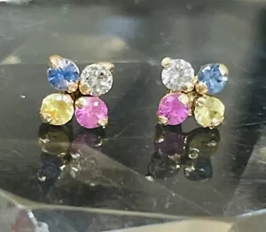 3mm Round Lab-Created Rainbow Sapphire Flower Stud Earrings 14K White Gold Over - Picture 1 of 6