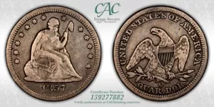 1857-O Seated Liberty Quarter CACG VF-20 CAC - Picture 1 of 3