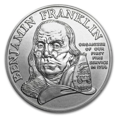1992 Ben Franklin Firefighters 1oz .999 Silver Commemorative Medal - Image 1 of 3
