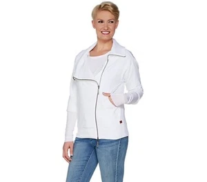 Peace Love World Women's Zip Front Jacket Moto White Sz M Layered Sleeve Logo - Picture 1 of 12
