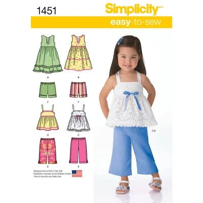 SIMPLICITY 1451 TODDLERS DRESS TOP TROUSERS SHORTS Sewing Pattern Sizes 0-4 Yrs - Image 1 of 4