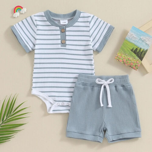 VISgogo 2 Pcs Baby Summer Boys Girls Outfits Striped Short Sleeve Rompers