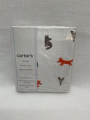 Carter's Fox Woodland Animal Print Fitted Baby Crib Sheet White Orange Gray NEW - Image 1 of 4