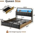 Queen Size Bed Frame With 4 Storage Drawers Upholstered Headboard Vintage Brown