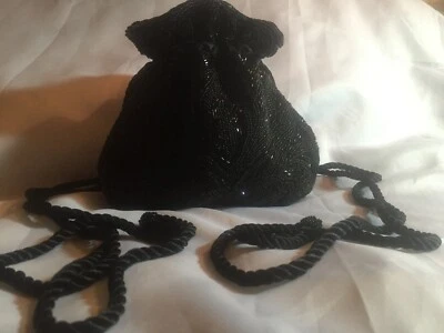 Evening Bag Black Beaded Silk and Satin Retro - Image 1 of 4