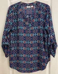 Cato Pullover Bluse Gr. L blau bunt Rollriegel 3/4 Ärmel bunt 160 - Bild 1 von 10