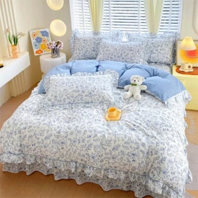100% Cotton Quilt Cover Ruffles Comforter Cover Floral Style Bed (No Pillowcase) - Image 1 of 4