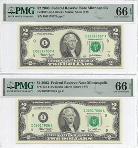 2003 $2 MINNEAPOLIS FRNs. 2 Consecutive, PMG Gem Uncirculated 66 EPQ Banknotes. - Picture 1 of 5