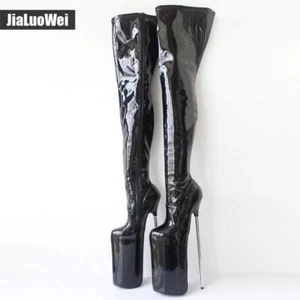 Stivali alti 30 cm tacco alto tacco alto metallo plateau cerniera sopra ginocchio coscia - Foto 1 di 14