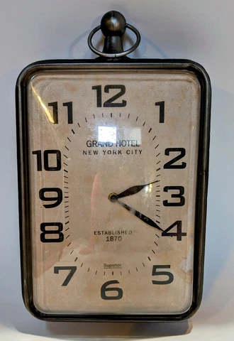 3R Studios Metal Hanging Clock Grand Hotel NYC Brushed Chrome Plast NOT WORKING Cover