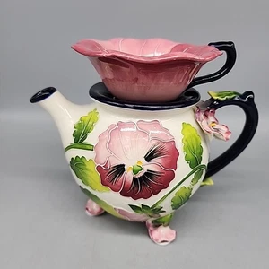 Pansy J. McCall 2005 Blue Sky Floral Tea Pot Hand Painted Tea Cup Pink Ceramic - Picture 1 of 11