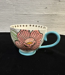 Dutch Wax Anthropologie Retired Blue Pink Green Floral Painted Mug Boho - Picture 1 of 9