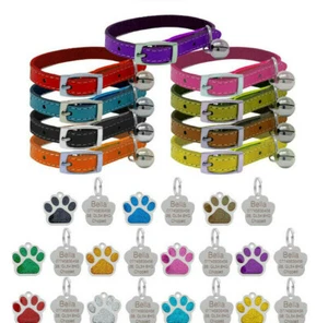 Leather Cat Collar with Safety Elastic Bell & Personalised 27mm Glitter Tag Set - Picture 1 of 47