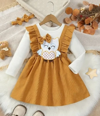 NUEVO Vestido de pana manga larga con apliques de búho para niñas Foto 1 de 4