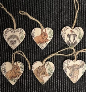 SET 6 Woodland Christmas tree decorations handmade Hearts fox 2 Squirrel Badger - Picture 1 of 9