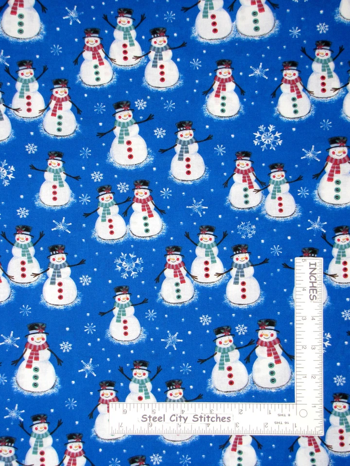 Muñeco de nieve de invierno de Navidad copo de nieve tela de algodón azul #49805A02 por yarda Foto 1 de 1