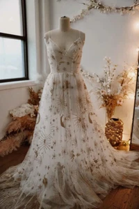 Imágenes reales Vestidos de novia con correa de espagueti espalda abierta barrido tren matrimonio - Imagen 1 de 8