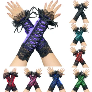 Lady Mid-length Oversleeve Glove Fingerless Lace Bandage Cosplay Dance Party - Picture 1 of 17