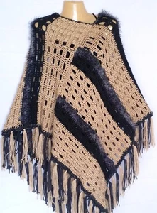 Women's NEW Poncho Sweater Fringed Boho Hippie Soft Beige Gray Hand Crochet - Picture 1 of 9