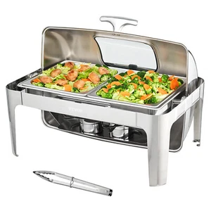 VEVOR Rectangle Roll Top Chafing Dish with 10L Pan Visual Glass Lid Fuel Holder - Picture 1 of 12