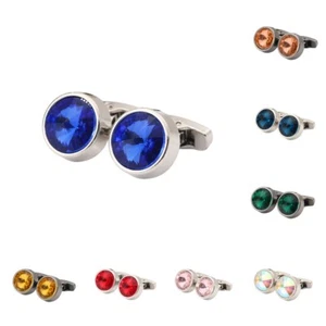 Herren Einfache Kristall Runde Manschettenknöpfe Hochzeit Party Strass Manschettenknöpfe mit Box - Bild 1 von 14