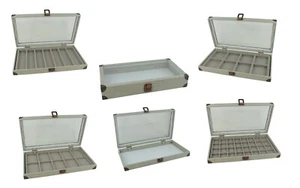 Grey Linen Glass Lid Display Case With Choice of Compartment Grey Flocked Insert - Picture 1 of 46