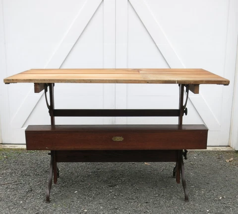 Antique Dietzgen Drafting Table Cast Iron Legs Tool Box Cover