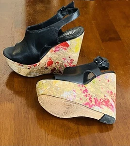 Alice + Olivia Sonia Splatter Paint Cork Platform Sling Back Wedges - Picture 1 of 5