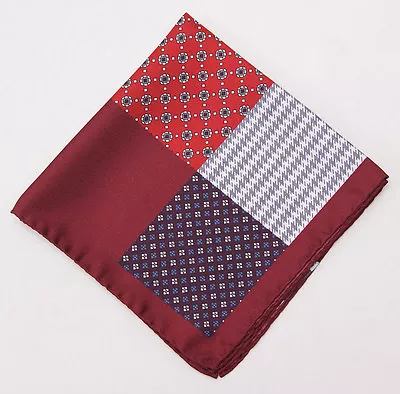 New $130 BATTISTI NAPOLI Burgundy Red Multi Pattern Printed Silk Pocket Square - Image 1 of 4