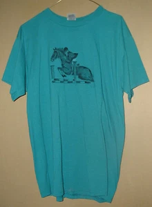 NICE VINTAGE TURQUOISE JOCKEY & HORSE PRINT T-SHIRT-L ! - Picture 1 of 1