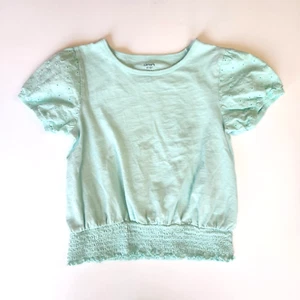 Carters Girls Eyelet Short Sleeve Smocked Top Size 14 Green Floral Blouse Shirt - Picture 1 of 8