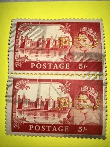 Rare 5/- Stamps Queen Elizabeth II England Pair C of A Perfin Inverse Reverse - Picture 1 of 3