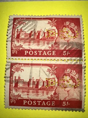 Rare 5/- Stamps Queen Elizabeth II England Pair C of A Perfin Inverse Reverse - Image 1 of 3