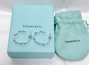 Tiffany & Co. Olive Leaf Sterling Silver Hoop Earrings 3cm/1.18" w/Box Excellent - Picture 1 of 10