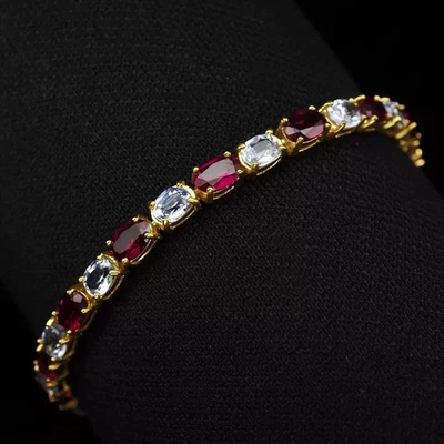 5CT Oval Cut Lab Created Ruby & Diam Tennis Bracelet 14k Yellow Gold Plated 7.5" - Image 1 of 3