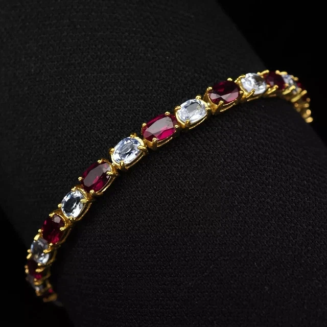 5CT Oval Cut Lab Created Ruby & Diam Tennis Bracelet 14k Yellow Gold Plated 7.5" - Image 1 of 3